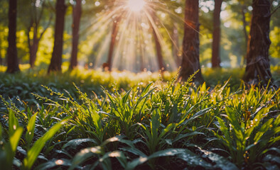 Aufkleber - Forest with a bright sun shining through the trees. The sun is casting a warm glow on the grass and leaves. The scene is peaceful and serene, with the sunlight creating a beautiful contrast against