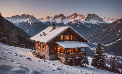 Aufkleber - Cozy cabin with a fireplace and a view of the mountains. The cabin is surrounded by snow and the mountains are in the background. The scene is peaceful and serene, perfect for a winter getaway
