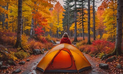 Aufkleber - Person is sitting in front of a yellow tent in a forest. The person is wearing a red jacket. The scene is peaceful and serene, with the autumn leaves providing a beautiful backdrop