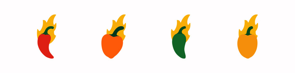 Poster - Set of hot peppers vector. Vector icon set of hot fire peppers. Chili peppers, jalapeno, habanero, cayenne. Set of fruits vector. Vector illustration.