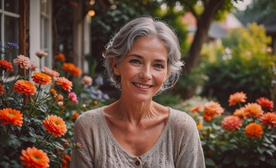 Aufkleber - Woman with gray hair is smiling in front of a garden of orange flowers. She is wearing a white shirt and she is enjoying the beautiful scenery
