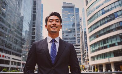 Poster - Man in a suit and tie stands in front of a tall building with a smile on his face