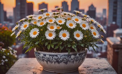 Poster - Large vase of white flowers sits on a table in front of a city skyline. The flowers are in full bloom, creating a sense of beauty and tranquility in the midst of the urban landscape