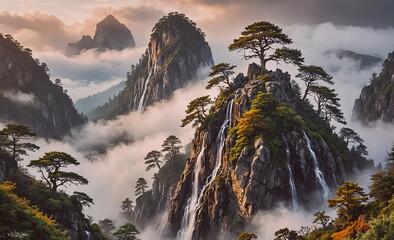 Poster - Mountain range with a waterfall and trees. The sky is cloudy and the mountains are covered in mist