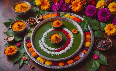 Aufkleber - Green tray with a colorful design and a variety of spices on it. The tray is surrounded by flowers and leaves, creating a festive and inviting atmosphere