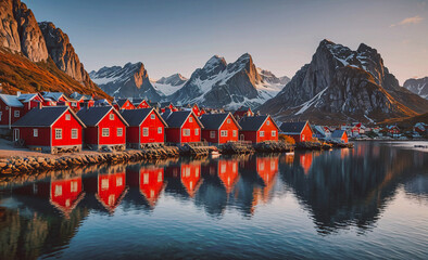 Aufkleber - Beautiful mountain range with a lake in the foreground. The lake is surrounded by a row of red houses