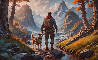 Aufkleber - Man and his dog are walking through a forest. The man is wearing a backpack and has a rifle on his back. The scene is peaceful and serene, with the man