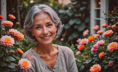 Poster - Woman is sitting in a garden with a bunch of flowers around her. She is smiling and looking at the camera