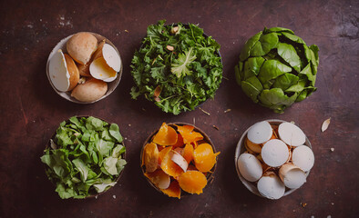 Poster - Variety of food items are displayed in bowls, including eggs, spinach, and potatoes. The bowls are arranged in a row, with some containing more food than others. Scene is one of abundance and variety
