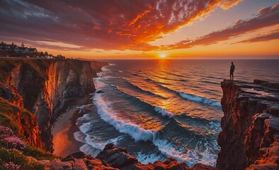 Aufkleber - Man stands on a cliff overlooking the ocean at sunset. The sky is filled with orange and pink hues, creating a warm and serene atmosphere. The waves crashing against the rocks below add to the sense