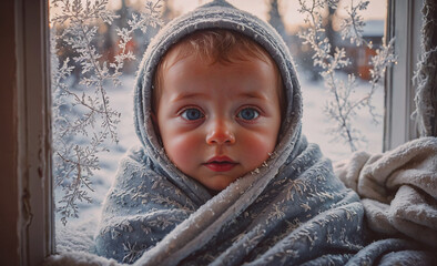 Poster - Baby is wrapped in a blanket and is looking out the window. The scene is cozy and warm, with the baby's eyes shining bright