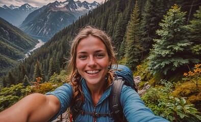 Aufkleber - Smiling woman is taking a selfie in the woods. She is wearing a blue jacket and a backpack