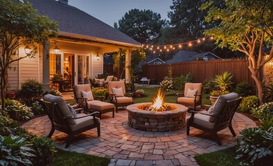 Poster - Fire pit surrounded by chairs and a patio with a white house in the background. The fire pit is lit and the chairs are arranged around it