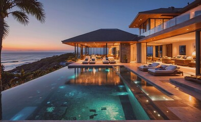 Poster - Large pool with a house in the background. The pool is lit up and the house is surrounded by palm trees