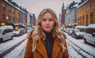 Aufkleber - Woman with blonde hair stands in the snow in front of a row of cars. She is wearing a brown coat and a black sweater