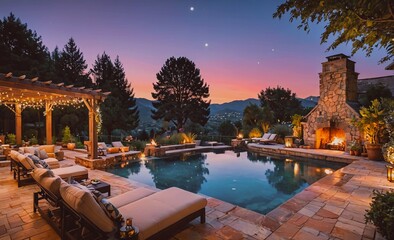 Aufkleber - Large pool with a fire pit and a gazebo in the background. The pool is surrounded by lounge chairs and a fire pit. The scene is peaceful and relaxing