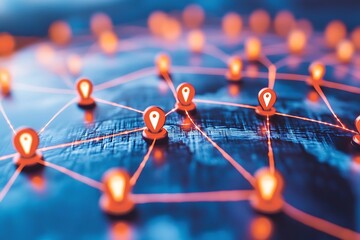 Wall Mural - Interconnected Network: Orange Location Pins on Textured Blue Surface, Abstract Global Connection.