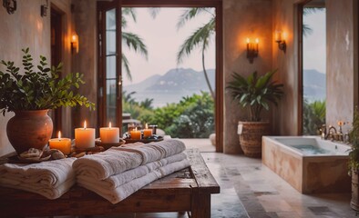 Aufkleber - Bathroom with a large window overlooking the ocean. The room is decorated with candles and a vase of flowers