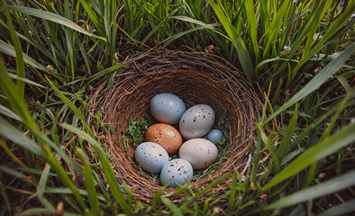 Aufkleber - Nest of eggs with a few brown and white eggs in it. The nest is in a grassy area