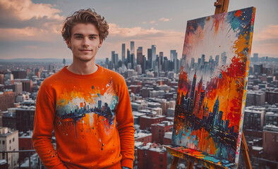 Aufkleber - Man in an orange sweater stands in front of a painting of a city. The painting is colorful and has a city skyline in the background. The man is proud of the painting and is smiling