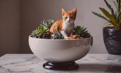 Poster - Cat is sitting in a bowl with plants. The bowl is white and black
