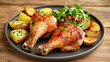 © PixelPulse - Two appetizing grilled chicken legs served with roasted potatoes and fresh green salad on a gray plate now.