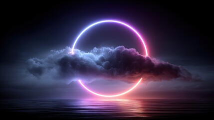 Poster - Neon Circle Embrace Dreamy Cloudscape Over Still Water.