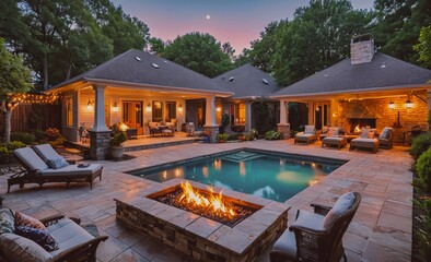 Poster - Large house with a pool and a fireplace. The pool is surrounded by chairs and the fireplace is lit. Scene is warm and inviting