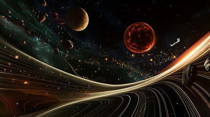 Wall Mural - expansive view of space time fabric bending under the weight of massive celestial bodies illustratin