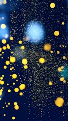Poster - Abstract background animation of gold glittering particles flowing across navy blue and geometric honeycomb shapes in a vertical perspective.