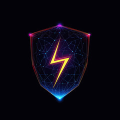 Poster - Futuristic glowing shield with electric lightning bolt and connected digital network lines on black background for protection concept