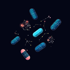 Poster - Abstract capsules and pills with constellation star patterns and cosmic network connections on dark background health medicine concept vector illustration