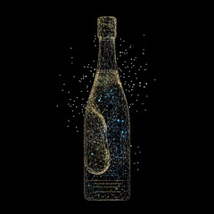 Poster - Abstract low poly wireframe champagne bottle with glowing starry sky constellation digital mesh on black background vector illustration