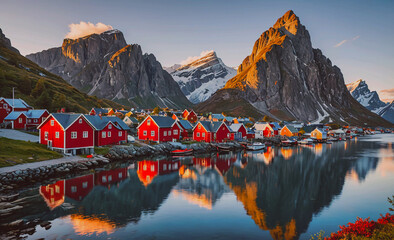 Poster - Beautiful mountain town with red houses and a lake in the background. The houses are small and red, and the lake is calm and peaceful. The scene is serene and picturesque