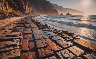 Poster - Beach with a rocky shoreline and a large body of water. The beach is lined with large wooden blocks, creating a unique and interesting landscape. The sun is setting, casting a warm glow over the scene