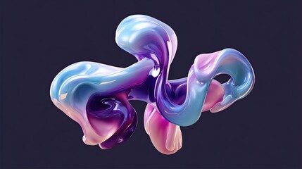 Poster - Abstract Fluid Shape Iridescent Glossy Waves on Dark Backdrop Modern Art.