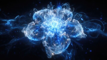 Poster - Nebula Bloom Abstract Blue  White Energy Burst on Black Background.