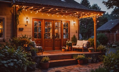 Poster - House with a porch lit up with lights. The porch has a bench and a couple of chairs