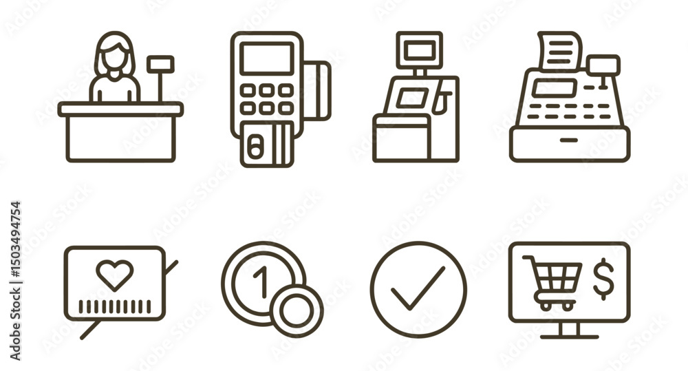 Register Success Vector Line style icons of checkout process: cashier counter, card payment ...