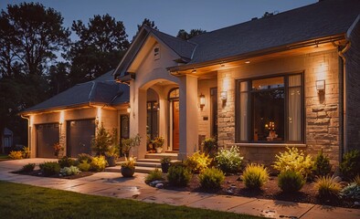 Poster - House with a large porch and a driveway. The house is lit up at night. Scene is warm and inviting
