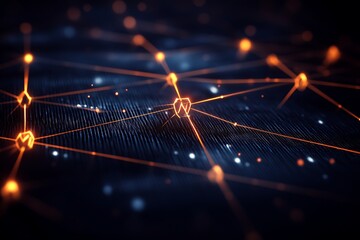 Wall Mural - Interconnected Nodes: Abstract Network with Golden Orbs and Blue Light Sparks