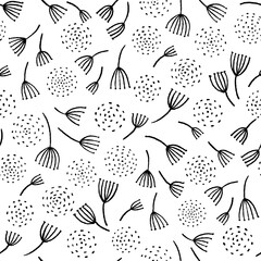 Wall Mural - Ink line floral hand drawn seamless pattern. Vector background