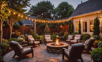 Poster - Backyard with a fire pit and a patio with several chairs and a Christmas tree. Scene is cozy and festive