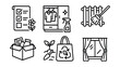 © Valentyna - Line style icons of seasonal chores: spring clean checklist, wardrobe rotation, window wash, radiator dusting, declutter box, garden prep icon, seasonal swap bag, curtain wash.
