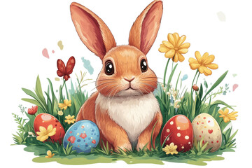 Poster - Cute cartoon rabbit sitting on transparent background showcasing its fluffy fur and large expressive eyes perfect for children's illustrations or spring-themed events