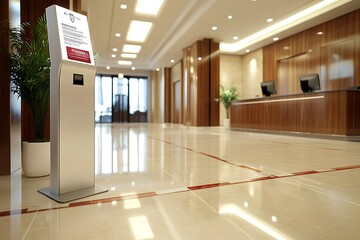 Wall Mural - polished lobby: self-service kiosk and reception desk in a bright, modern interior space.