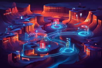 Wall Mural - neon network in canyon landscape: futuristic digital cityscape.