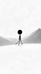 stick figure walking with mountain landscape.