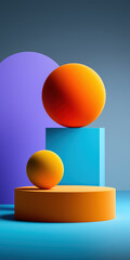 Poster - A blue and purple background with two orange balls on top of a blue and purple pedestal