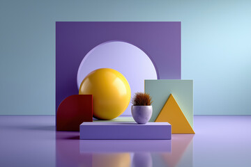 Poster - A colorful display of shapes and a yellow ball. The shapes are arranged in a way that creates a sense of depth and dimension. The yellow ball is placed in the center of the display